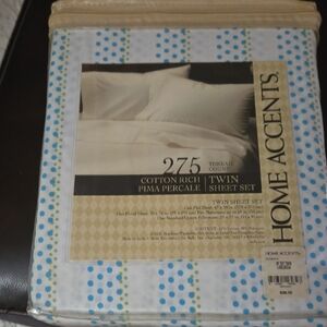 Home Accents Twin Sheet Set Lime Aqua White Dot Stripe Cotton Blend NEW MSRP $38